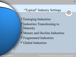 “ Typical” Industry Settings Emerging Industries Industries Transitioning to Maturity Mature and Decline Industries Fragmented Industries Global Industries 