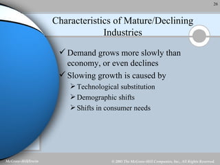 Characteristics of Mature/Declining Industries Demand grows more slowly than economy, or even declines Slowing growth is caused by Technological substitution Demographic shifts Shifts in consumer needs 