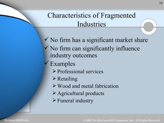 Characteristics of Fragmented Industries No firm has a significant market share No firm can significantly influence industry outcomes Examples Professional services Retailing Wood and metal fabrication Agricultural products Funeral industry  