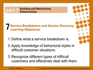 7 3 ,[object Object],[object Object],[object Object],Building and Maintaining Relationships Service Breakdowns and Service Recovery Learning Objectives McGraw-Hill/Irwin Copyright © 2009 by The McGraw-Hill Companies, Inc. All rights reserved. 