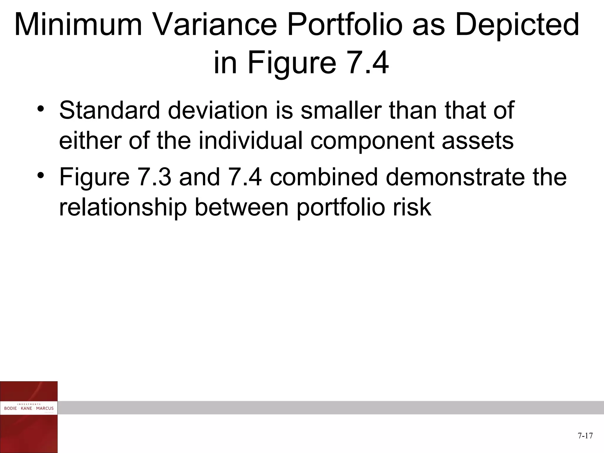 Minimum Variance Portfolio as Depicted
            in Figure 7.4
 • Standard deviation is smaller than that of
   either of the individual component assets
 • Figure 7.3 and 7.4 combined demonstrate the
   relationship between portfolio risk




                                                 7-17
 