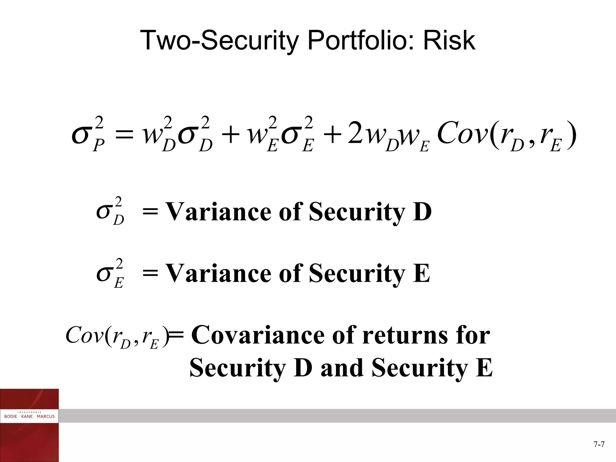 Two-Security Portfolio: Risk


σ = w σ + w σ + 2wDwE Cov(rD , rE )
  2
  P
           2
           D
               2
               D   σE2
                     E
                         2
                         E


  σ D = Variance of Security D
    2



  σ   2
      E   = Variance of Security E

Cov(rD , rE )= Covariance of returns for
               Security D and Security E

                                           7-7
 
