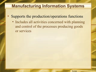 Manufacturing Information Systems

• Supports the production/operations functions
  • Includes all activities concerned with planning
    and control of the processes producing goods
    or services
 