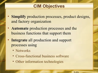 CIM Objectives

• Simplify production processes, product designs,
  and factory organization
• Automate production processes and the
  business functions that support them
• Integrate all production and support
  processes using
  • Networks
  • Cross-functional business software
  • Other information technologies
 