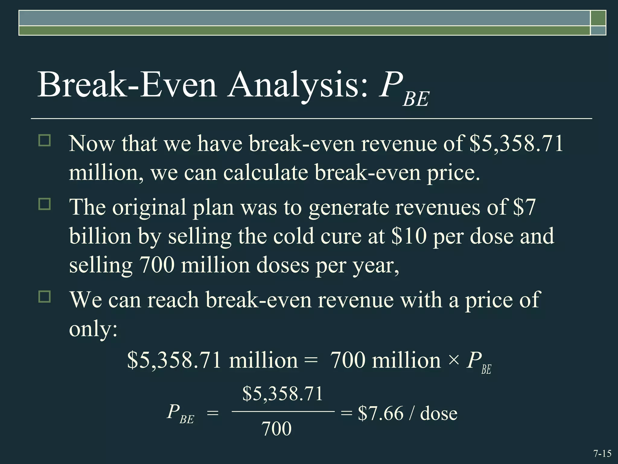 7-15
Break-Even Analysis: PBE
 Now that we have break-even revenue of $5,358.71
million, we can calculate break-even price.
 The original plan was to generate revenues of $7
billion by selling the cold cure at $10 per dose and
selling 700 million doses per year,
 We can reach break-even revenue with a price of
only:
$5,358.71 million = 700 million × PBE
PBE = = $7.66 / dose
700
$5,358.71
 