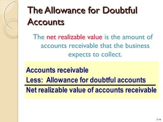 7-14
The Allowance for DoubtfulThe Allowance for Doubtful
AccountsAccounts
The net realizable value is the amount of
accounts receivable that the business
expects to collect.
Accounts receivable
Less: Allowance for doubtful accounts
Net realizable value of accounts receivable
 