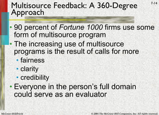 Multisource Feedback: A 360-Degree Approach 90 percent of  Fortune 1000  firms use some form of multisource program The increasing use of multisource programs is the result of calls for more fairness clarity credibility Everyone in the person’s full domain could serve as an evaluator 