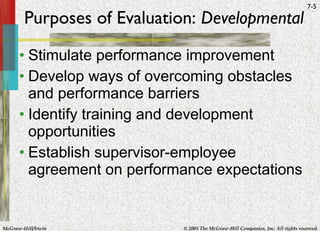 Purposes of Evaluation:  Developmental Stimulate performance improvement Develop ways of overcoming obstacles and performance barriers Identify training and development opportunities Establish supervisor-employee agreement on performance expectations 