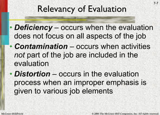 Relevancy of Evaluation Deficiency  – occurs when the evaluation does not focus on all aspects of the job Contamination  – occurs when activities  not  part of the job are included in the evaluation Distortion  – occurs in the evaluation process when an improper emphasis is given to various job elements 