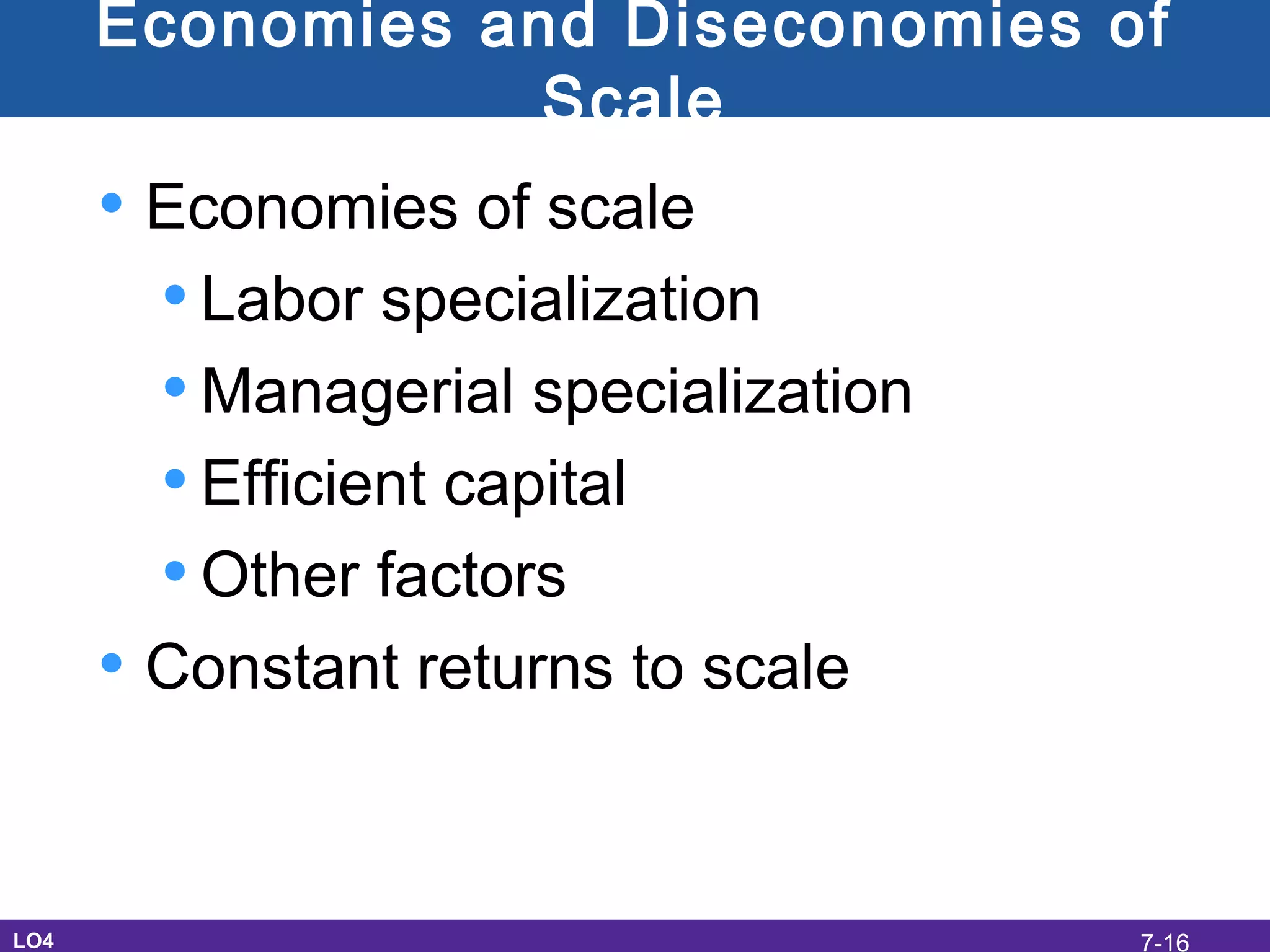Economies and Diseconomies of
Scale
• Economies of scale
•Labor specialization
•Managerial specialization
•Efficient capital
•Other factors
• Constant returns to scale
LO4 7-16
 