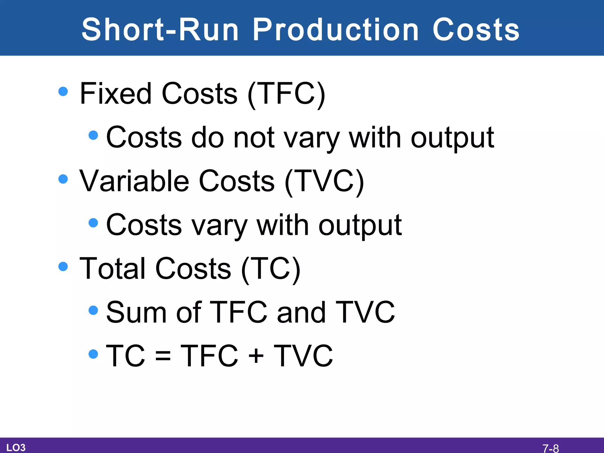Short-Run Production Costs
• Fixed Costs (TFC)
•Costs do not vary with output
• Variable Costs (TVC)
•Costs vary with output
• Total Costs (TC)
•Sum of TFC and TVC
•TC = TFC + TVC
LO3 7-8
 