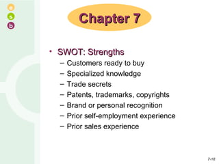SWOT: Strengths Customers ready to buy Specialized knowledge Trade secrets Patents, trademarks, copyrights Brand or personal recognition Prior self-employment experience Prior sales experience Chapter 7 7- 