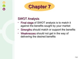 SWOT Analysis Final stage  of SWOT analysis is to match it against the benefits sought by your market Strengths  should match or support the benefits Weaknesses  should not get in the way of delivering the desired benefits Chapter 7 7- 