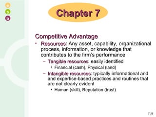Competitive Advantage Resources : Any asset, capability, organizational process, information, or knowledge that contributes to the firm’s performance Tangible resources : easily identified Financial (cash), Physical (land) Intangible resources : typically informational and and expertise-based practices and routines that are not clearly evident Human (skill), Reputation (trust) Chapter 7 7- 