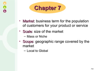 Market : business term for the population of customers for your product or service Scale : size of the market   Mass or Niche Scope : geographic range covered by the market Local to Global Chapter 7 7- 