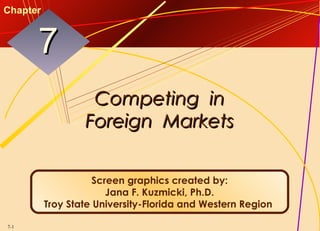 7-1
Competing inCompeting in
Foreign MarketsForeign Markets
77
Chapter
Screen graphics created by:
Jana F. Kuzmicki, Ph.D.
Troy State University-Florida and Western Region
 
