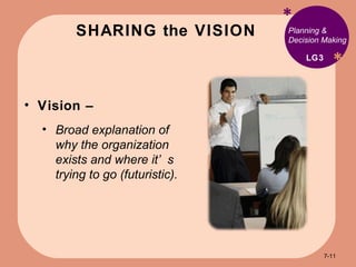 SHARING the VISION * * Planning & Decision Making Vision –  Broad explanation of why the organization exists and where it’s trying to go (futuristic). LG3 7- 