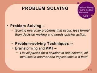 PROBLEM SOLVING * * Decision Making: Finding the Best Alternative Problem Solving –  Solving everyday problems that occur; less formal than decision making and needs quicker action. Problem-solving Techniques -- Brainstorming and  PMI –  List all pluses for a solution in one column, all minuses in another and implications in a third. LG3 7- 