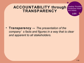 ACCOUNTABILITY through TRANSPARENCY * * Leading: Providing Continuous Vision and Values. Transparency --  The presentation of the company’s facts and figures in a way that is clear and apparent to all stakeholders. LG5 7- 