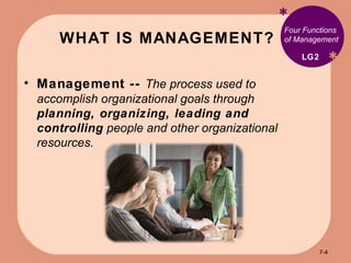WHAT IS MANAGEMENT? * * Four Functions of Management  Management --  The process used to accomplish organizational goals through  planning, organizing, leading and controlling  people and other organizational resources. LG2 7- 