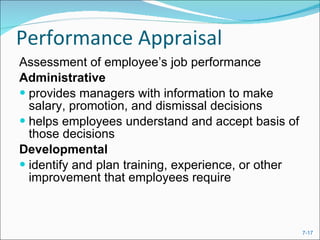 Performance Appraisal Assessment of employee’s job performance Administrative provides managers with information to make salary, promotion, and dismissal decisions helps employees understand and accept basis of those decisions Developmental  identify and plan training, experience, or other improvement that employees require 