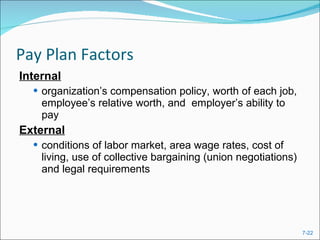 Pay Plan Factors  Internal organization’s compensation policy, worth of each job, employee’s relative worth, and  employer’s ability to pay External conditions of labor market, area wage rates, cost of living, use of collective bargaining (union negotiations) and legal requirements 