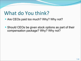 What do You think? Are CEOs paid too much? Why? Why not? Should CEOs be given stock options as part of their compensation package? Why? Why not? 