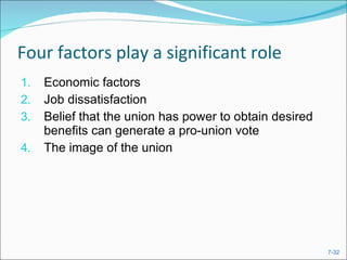 Four factors play a significant role Economic factors Job dissatisfaction Belief that the union has power to obtain desired benefits can generate a pro-union vote The image of the union 