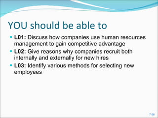 YOU should be able to L01:  Discuss how companies use human resources management to gain competitive advantage L02:  Give reasons why companies recruit both internally and externally for new hires L03:  Identify various methods for selecting new employees 