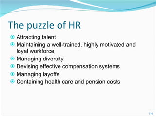 The puzzle of HR  Attracting talent Maintaining a well-trained, highly motivated and loyal workforce Managing diversity Devising effective compensation systems Managing layoffs Containing health care and pension costs 