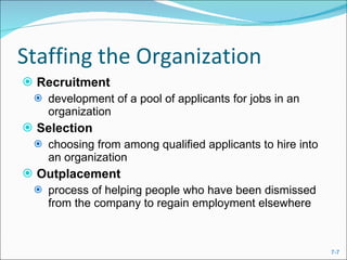 Staffing the Organization Recruitment  development of a pool of applicants for jobs in an organization Selection choosing from among qualified applicants to hire into an organization Outplacement   process of helping people who have been dismissed from the company to regain employment elsewhere 