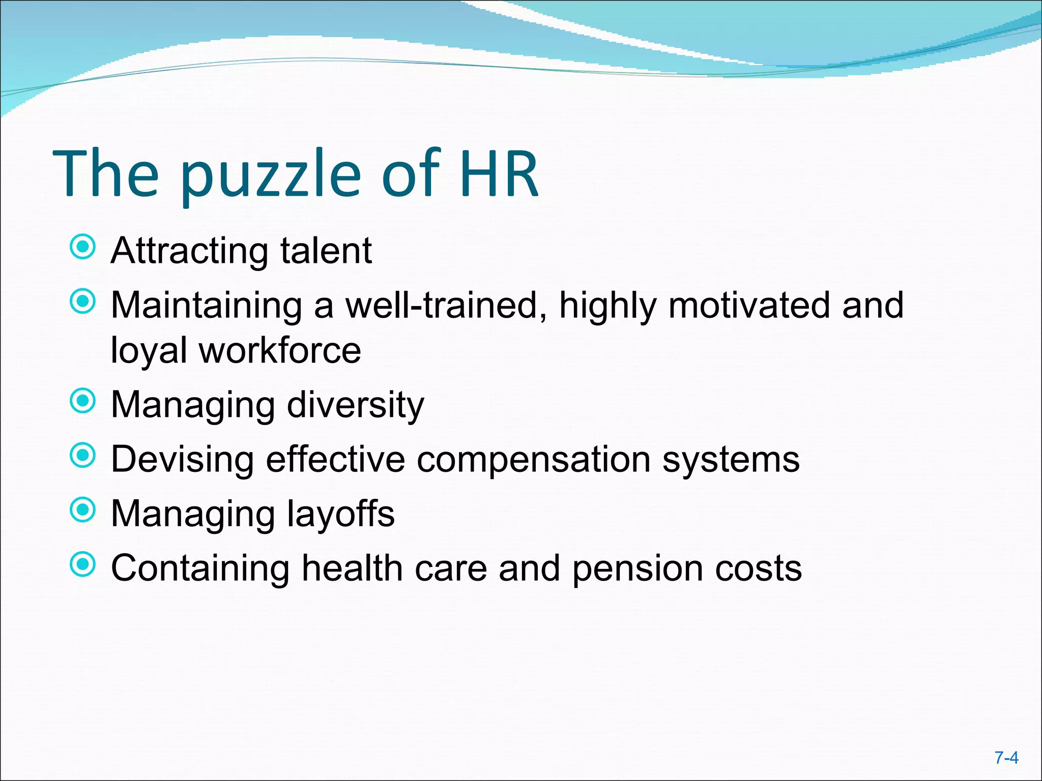 The puzzle of HR
 Attracting talent
 Maintaining a well-trained, highly motivated and
    loyal workforce
   Managing diversity
   Devising effective compensation systems
   Managing layoffs
   Containing health care and pension costs



                                                     7-4
 