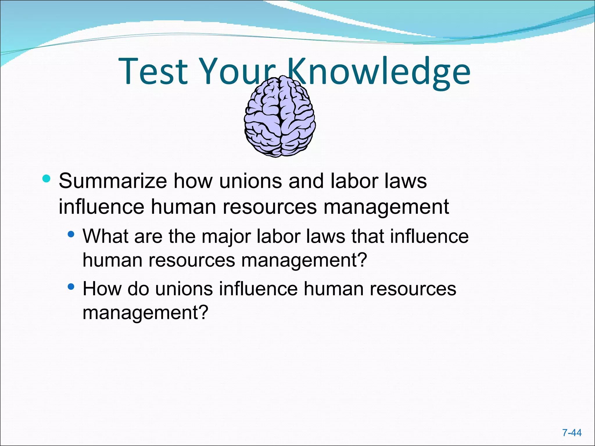 Test Your Knowledge

 Summarize how unions and labor laws
 influence human resources management
   What are the major labor laws that influence
    human resources management?
   How do unions influence human resources
    management?




                                                   7-44
 