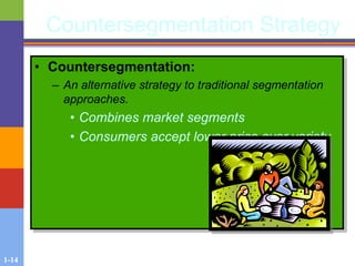 1-14
Countersegmentation Strategy
• Countersegmentation:
– An alternative strategy to traditional segmentation
approaches.
• Combines market segments
• Consumers accept lower price over variety
 