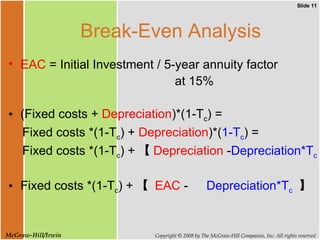 Break-Even Analysis EAC  = Initial Investment / 5-year annuity factor at 15%  (Fixed costs +  Depreciation )*(1-T c ) = Fixed costs *(1-T c ) +  Depreciation )*( 1-T c ) = Fixed costs *(1-T c ) + 【 Depreciation  - Depreciation*T c 】 Fixed costs *(1-T c ) + 【  EAC  - 　 Depreciation*T c   】 
