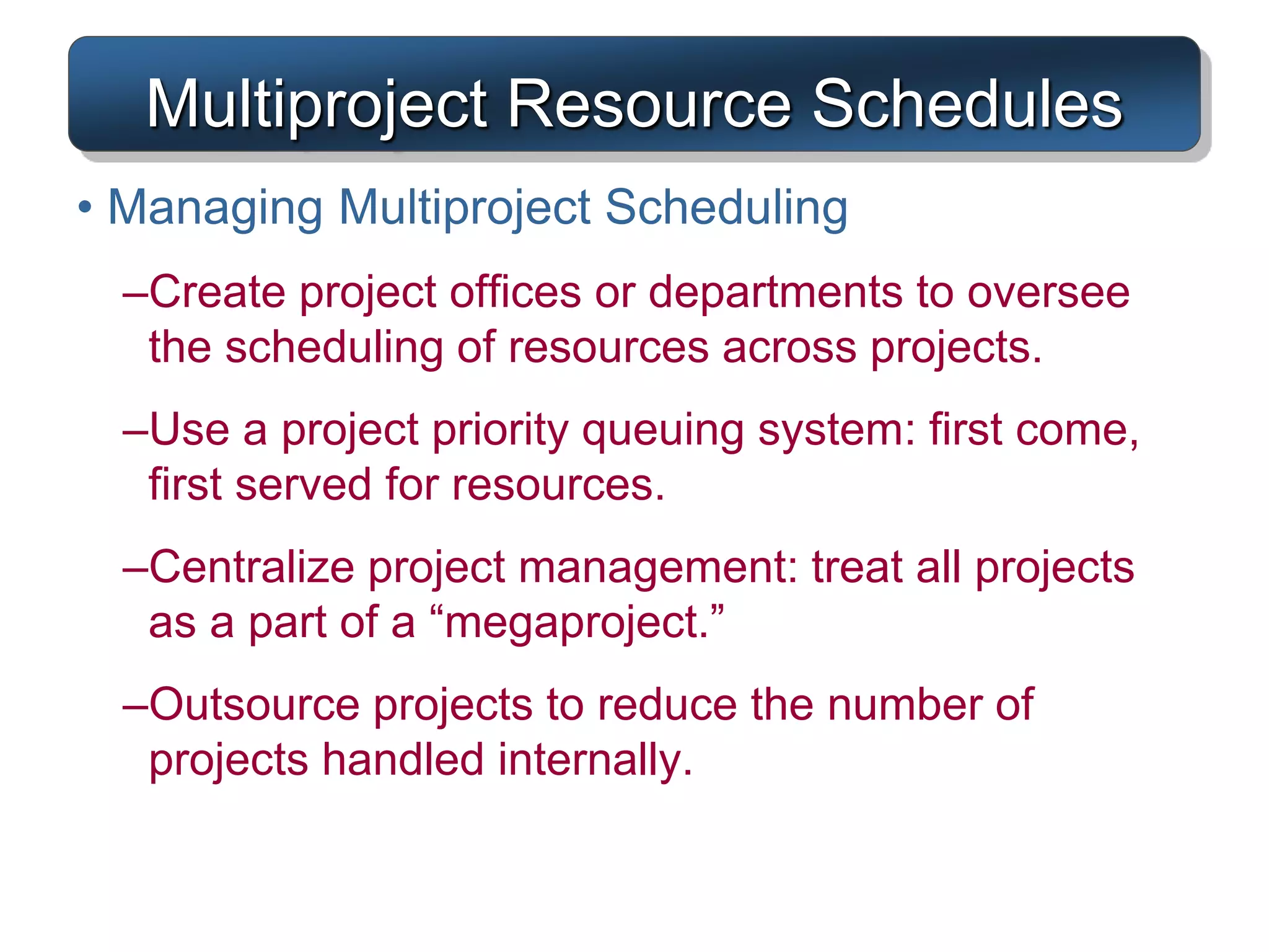 Multiproject Resource Schedules
• Managing Multiproject Scheduling
–Create project offices or departments to oversee
the scheduling of resources across projects.
–Use a project priority queuing system: first come,
first served for resources.
–Centralize project management: treat all projects
as a part of a “megaproject.”
–Outsource projects to reduce the number of
projects handled internally.
 