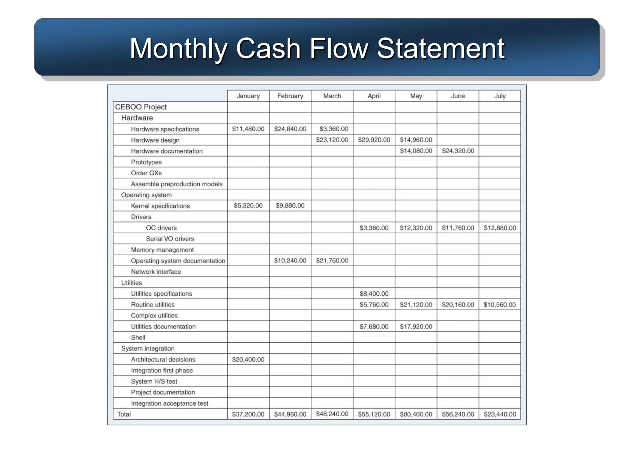 Monthly Cash Flow Statement
 