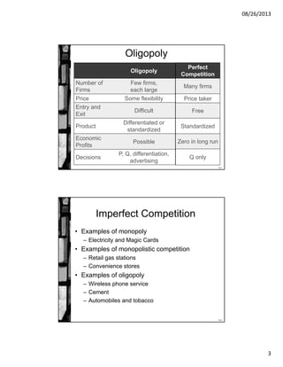 08/26/2013
3
8-5
Oligopoly
Oligopoly
Number of
Firms
Few firms,
each large
Price Some flexibility
Entry and
Exit
Difficult
Product
Differentiated or
standardized
Economic
Profits
Possible
Decisions
P, Q, differentiation,
advertising
Perfect
Competition
Many firms
Price taker
Free
Standardized
Zero in long run
Q only
8-6
Imperfect Competition
• Examples of monopoly
– Electricity and Magic Cards
• Examples of monopolistic competition
– Retail gas stations
– Convenience stores
• Examples of oligopoly
– Wireless phone service
– Cement
– Automobiles and tobacco
 
