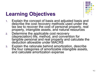 Learning Objectives Explain the concept of basis and adjusted basis and describe the cost recovery methods used under the tax law to recover the cost of personal property, real property, intangible assets, and natural resources Determine the applicable cost recovery (depreciation) life, method, and convention for tangible personal and real property and calculate the deduction allowable under MACRS Explain the rationale behind amortization, describe the four categories of amortizable intangible assets, and calculate amortization expense 9- 