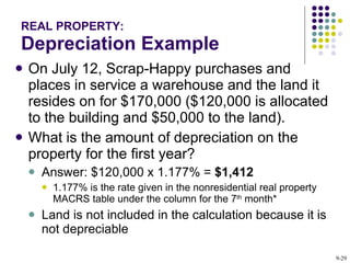 REAL PROPERTY: Depreciation Example On July 12, Scrap-Happy purchases and places in service a warehouse and the land it resides on for $170,000 ($120,000 is allocated to the building and $50,000 to the land).  What is the amount of depreciation on the property for the first year? Answer: $120,000 x 1.177% =  $1,412 1.177% is the rate given in the nonresidential real property  MACRS table under the column for the 7 th  month* Land is not included in the calculation because it is not depreciable 9- 