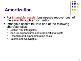 Amortization For  intangible assets , businesses recover cost of the asset through  amortization Intangible assets fall into one of the following characteristics: Section 197 Intangibles Start-up expenditures and organizational costs Research and experimentation costs Patents and Copyrights  9- 