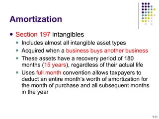 Amortization Section 197  intangibles Includes almost all intangible asset types Acquired when a  business buys another business These assets have a recovery period of 180 months ( 15 years ), regardless of their actual life Uses  full month  convention allows taxpayers to deduct an entire month’s worth of amortization for the month of purchase and all subsequent months in the year 9- 