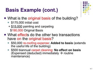 Basis Example (cont.) What is the  original basis  of the building? $175,000 initial cost  +  $15,000  painting and carpeting $ 190,000  Original Basis What  effect s do the other two transactions have  on  the  original basis ? $50,000  re-roofing expense :  Added to basis  (extends the useful life of the building)  $500 biannual  carpet cleaning :  No effect on basis  (Expensed (deducted) immediately    routine maintenance) 9- 