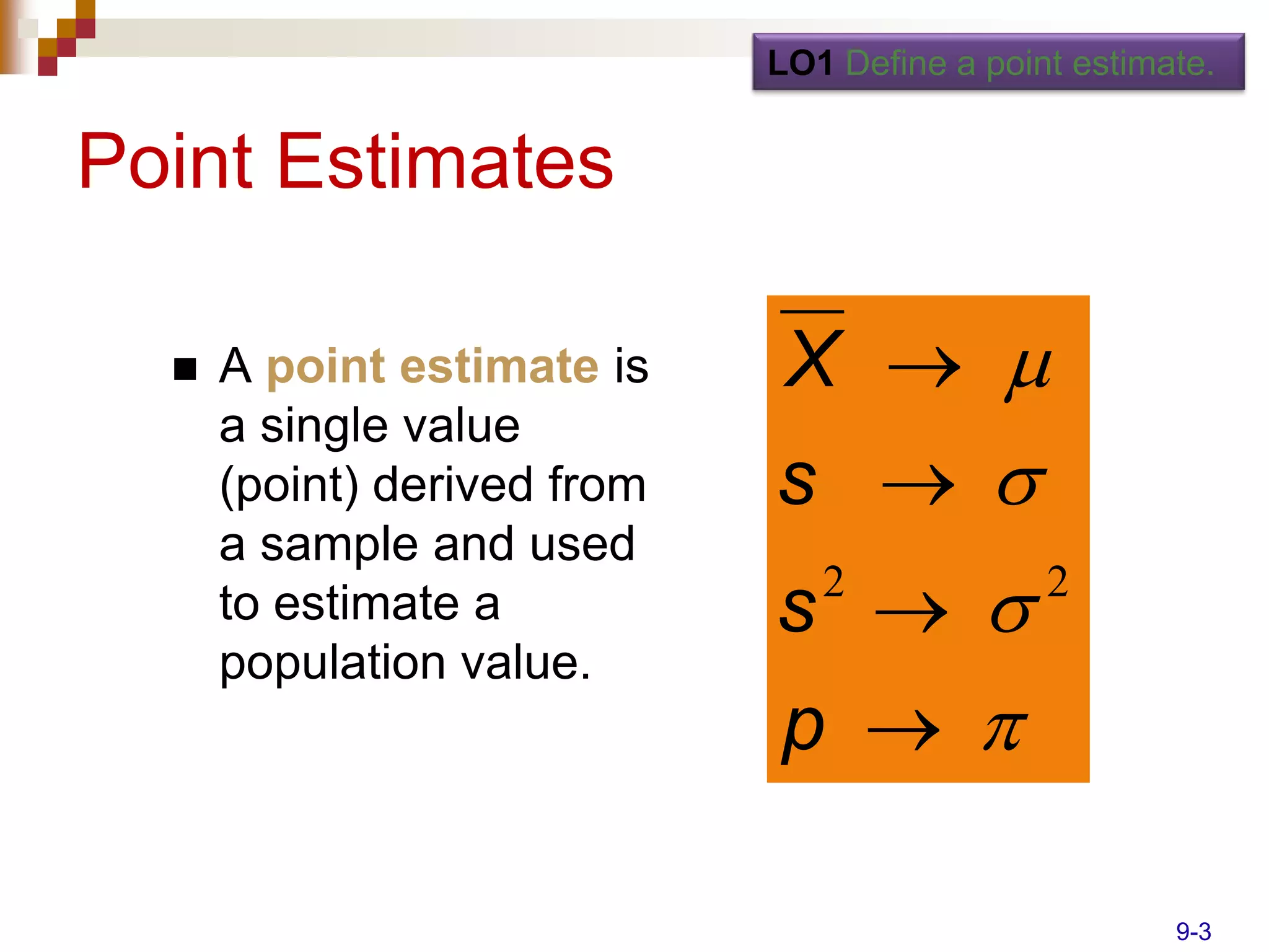 LO1 Define a point estimate.


Point Estimates

     A point estimate is    X  
      a single value
      (point) derived from   s  
      a sample and used
      to estimate a          s  
                                2             2
      population value.
                             p  

                                                      9-3
 