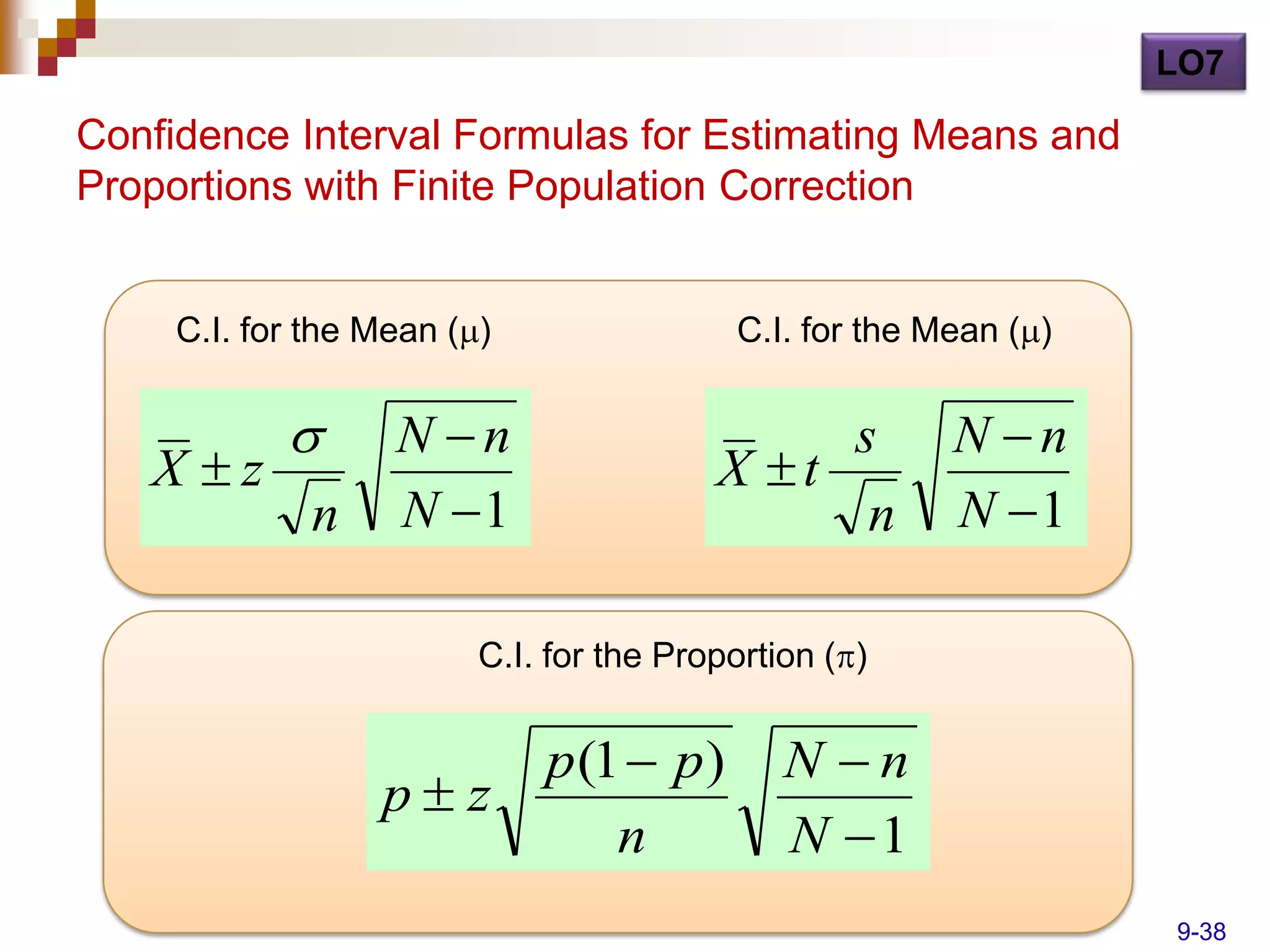 LO7

Confidence Interval Formulas for Estimating Means and
Proportions with Finite Population Correction


     C.I. for the Mean ()                C.I. for the Mean ()


                  N n                       s         N n
   X z                                  X t
              n    N 1                        n        N 1

                         C.I. for the Proportion ()


                             p (1  p )       N n
                  pz
                                 n            N 1
                                                                  9-38
 