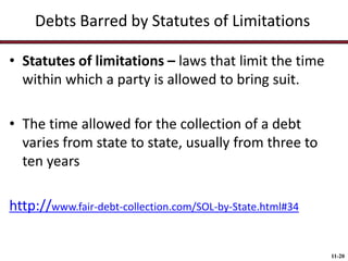 Debts Barred by Statutes of Limitations
• Statutes of limitations – laws that limit the time
within which a party is allowed to bring suit.
• The time allowed for the collection of a debt
varies from state to state, usually from three to
ten years

http://www.fair-debt-collection.com/SOL-by-State.html#34

11-20

 