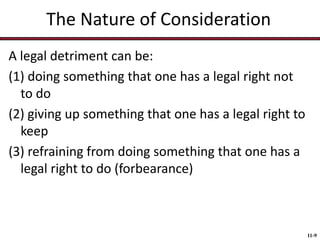 The Nature of Consideration
A legal detriment can be:
(1) doing something that one has a legal right not
to do
(2) giving up something that one has a legal right to
keep
(3) refraining from doing something that one has a
legal right to do (forbearance)

11-9

 