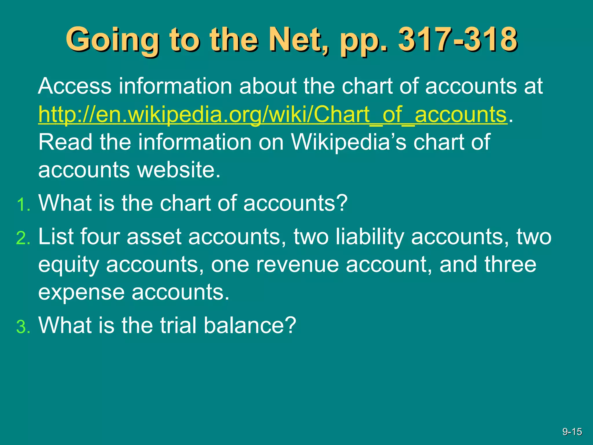 Going to the Net, pp. 317-318Going to the Net, pp. 317-318
Access information about the chart of accounts at
http://en.wikipedia.org/wiki/Chart_of_accounts.
Read the information on Wikipedia’s chart of
accounts website.
1. What is the chart of accounts?
2. List four asset accounts, two liability accounts, two
equity accounts, one revenue account, and three
expense accounts.
3. What is the trial balance?
9-9-1515
 