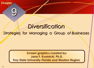 9-1
DiversificationDiversification
Strategies for Managing a Group of BusinessesStrategies for Managing a Group of Businesses
99
Chapter
Screen graphics created by:
Jana F. Kuzmicki, Ph.D.
Troy State University-Florida and Western Region
 