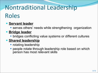 Nontraditional Leadership Roles Servant leader serves others’ needs while strengthening  organization Bridge leader bridges conflicting value systems or different cultures Shared leadership rotating leadership people rotate through leadership role based on which person has most relevant skills 